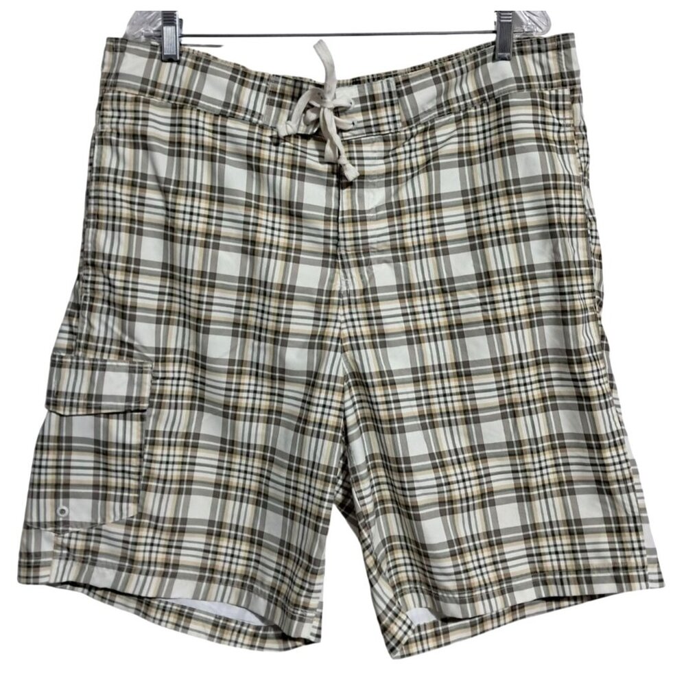 Chaps Plaid Swim Trunks Mens XL Beige White Polyester Mesh‎ Lined Drawstring